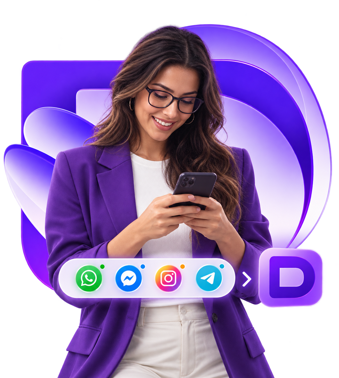 Atendente usando o Dialog no celular, com WhatsApp, Messenger, Instagram e Telegram conectados